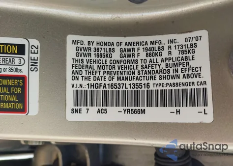 2007 Honda Civic Lx из США, поврежденный, VIN 1HGFA16537L135516